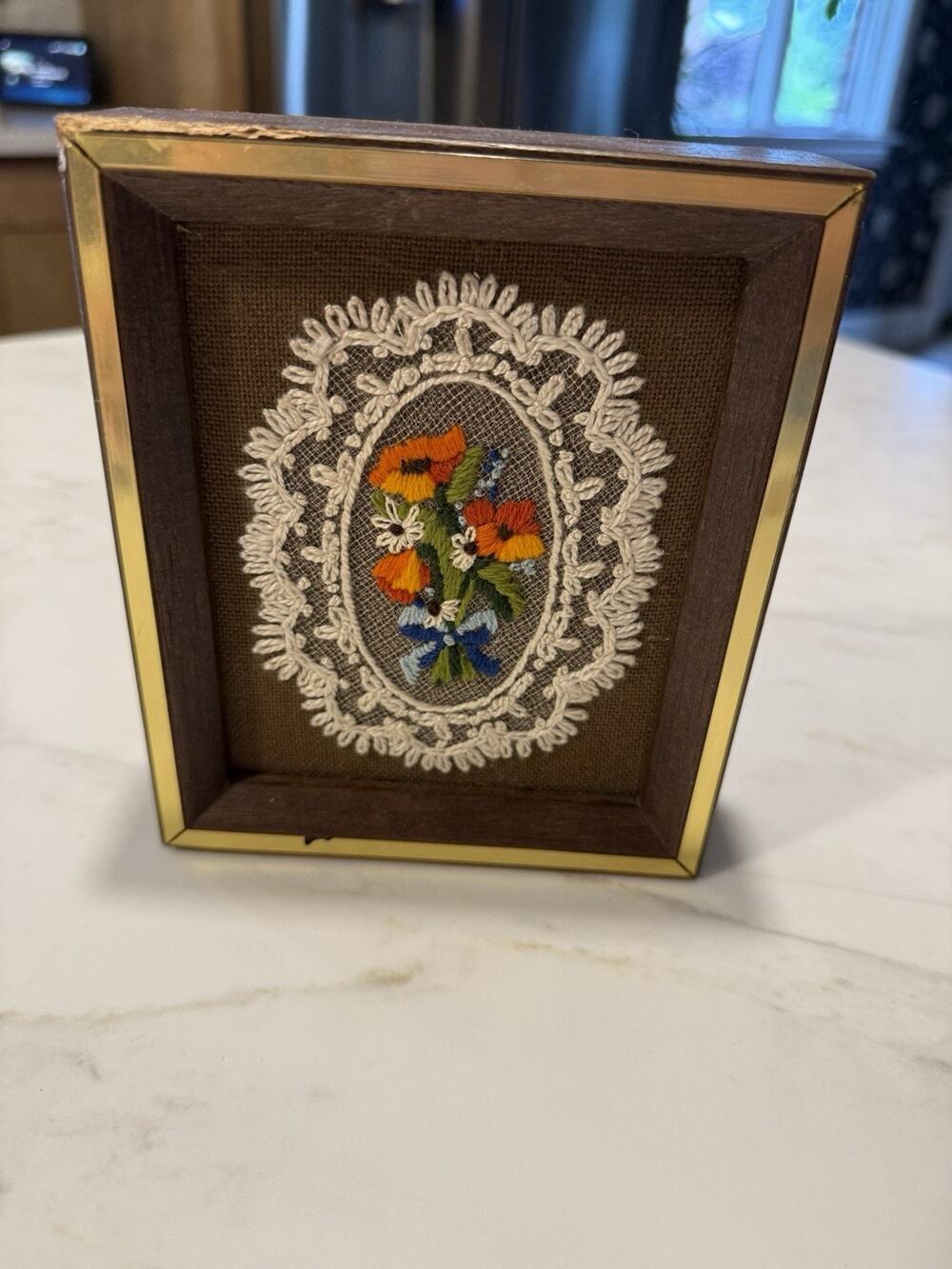 Vintage Needlepoint Flowers In A Wood Frame With Goldtone Trim 5" X 6" X 1.5"